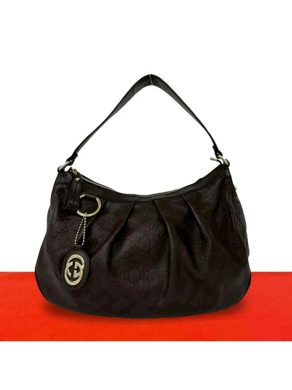 Gucci Guccissima GG Logo Patter Leather Shoulder Bag Tote Brown